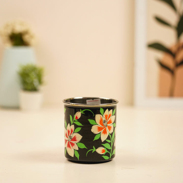 Hand-Painted Black Floral Kashmiri Art Stainless Steel Mug