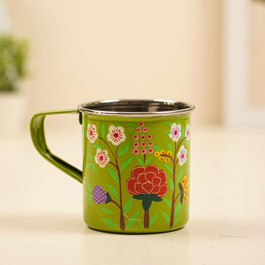 Hand-Painted Green Floral Kashmiri Art Stainless Steel Mug