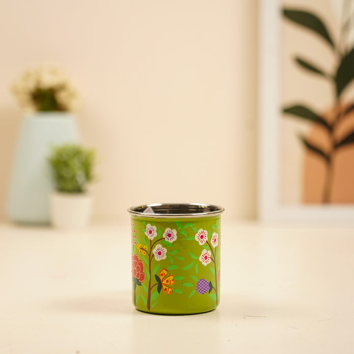 Hand-Painted Green Floral Kashmiri Art Stainless Steel Mug