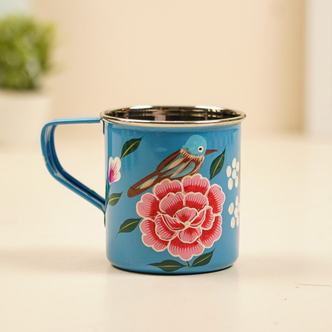 Hand-Painted Blue Bird & Floral Kashmiri Art Stainless Steel Mug