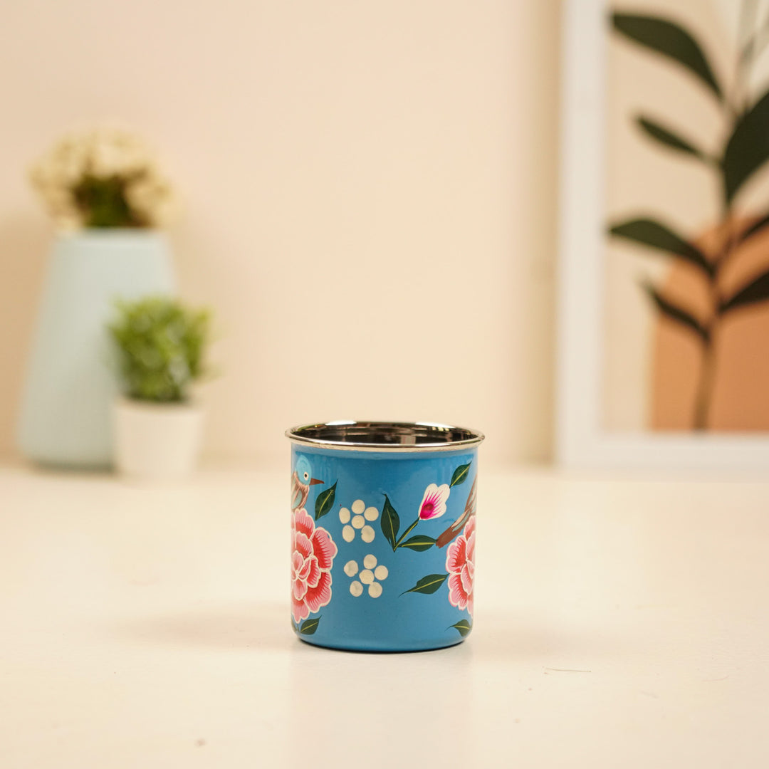 Hand-Painted Blue Bird & Floral Kashmiri Art Stainless Steel Mug