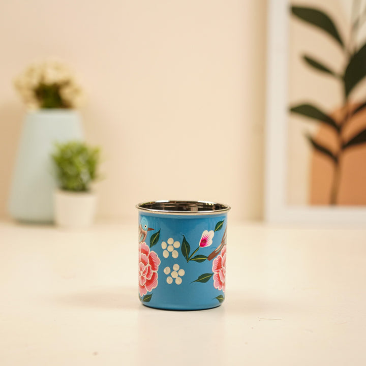 Hand-Painted Blue Bird & Floral Kashmiri Art Stainless Steel Mug