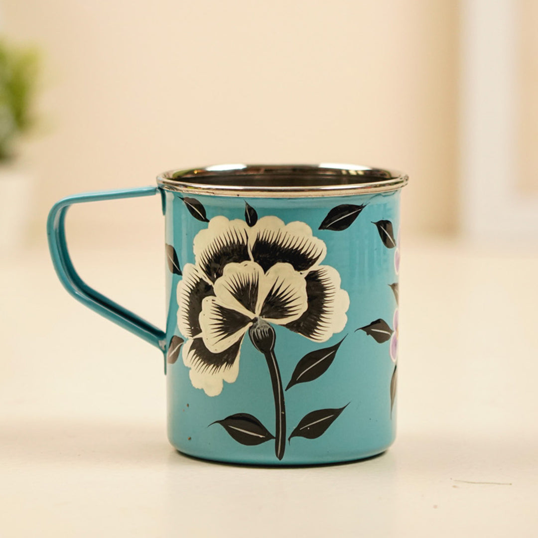 Hand-Painted Pastel Blue Floral Kashmiri Art Stainless Steel Mug