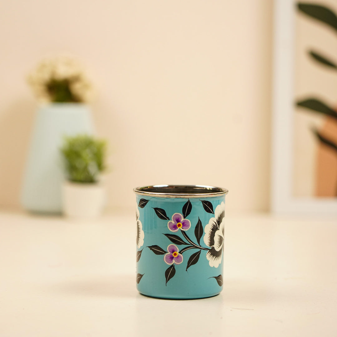 Hand-Painted Pastel Blue Floral Kashmiri Art Stainless Steel Mug