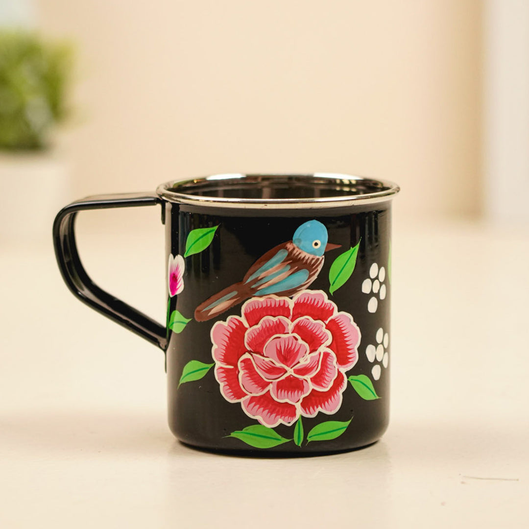 Hand-Painted Black Bird & Floral Kashmiri Art Stainless Steel Mug