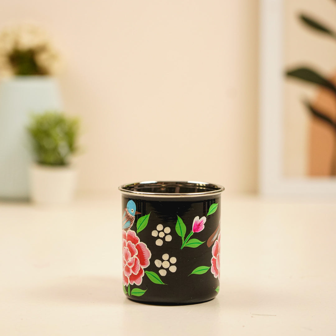 Hand-Painted Black Bird & Floral Kashmiri Art Stainless Steel Mug