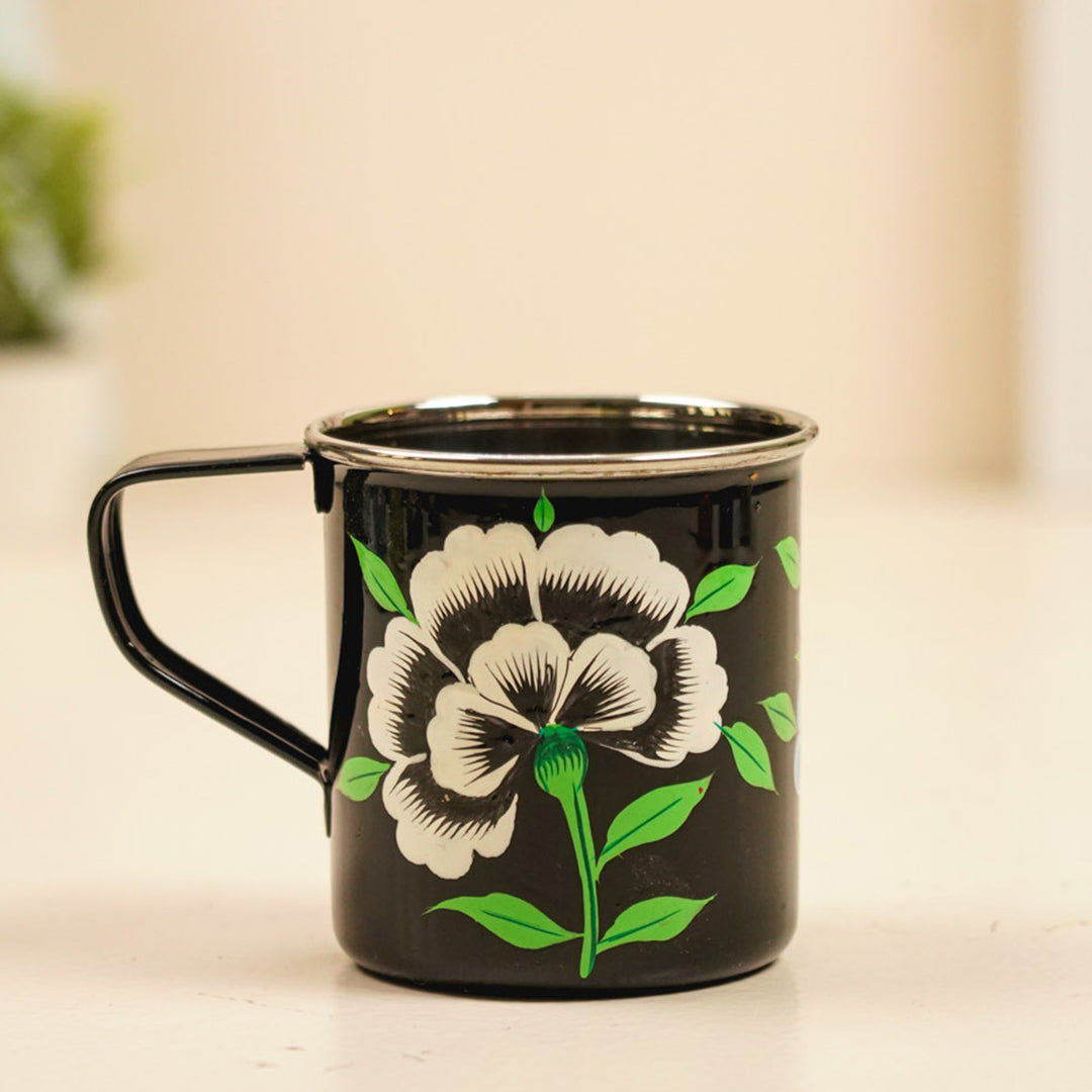 Hand-Painted Black Floral Kashmiri Art Stainless Steel Mug