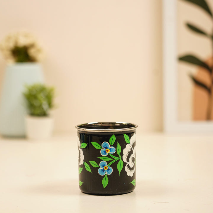 Hand-Painted Black Floral Kashmiri Art Stainless Steel Mug