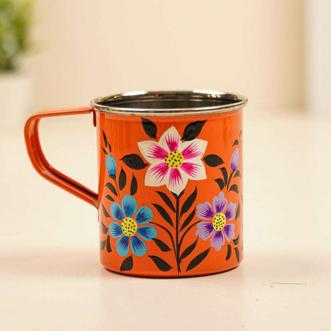 Hand-Painted Orange Floral Kashmiri Art Stainless Steel Mug