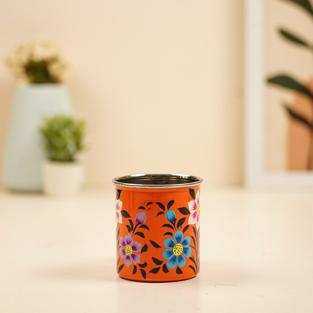 Hand-Painted Orange Floral Kashmiri Art Stainless Steel Mug