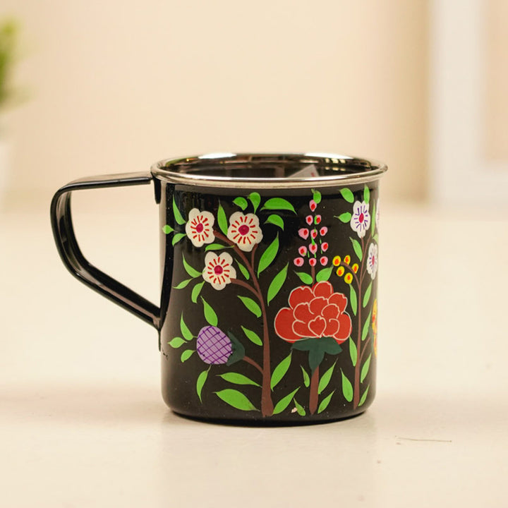 Hand-Painted Black Floral Kashmiri Art Stainless Steel Mug