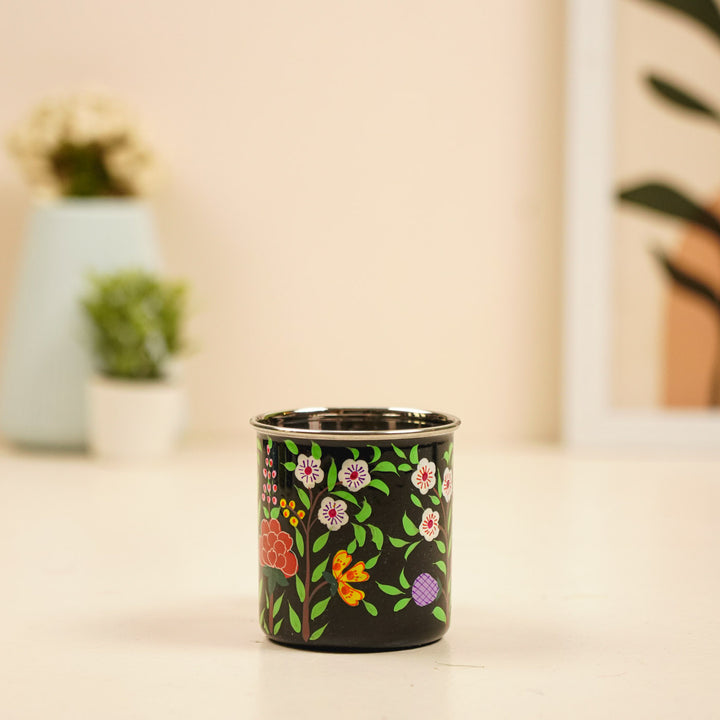 Hand-Painted Black Floral Kashmiri Art Stainless Steel Mug