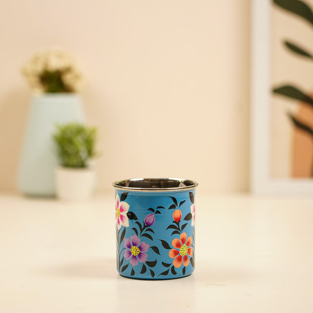Hand-Painted Blue Floral Kashmiri Art Stainless Steel Mug