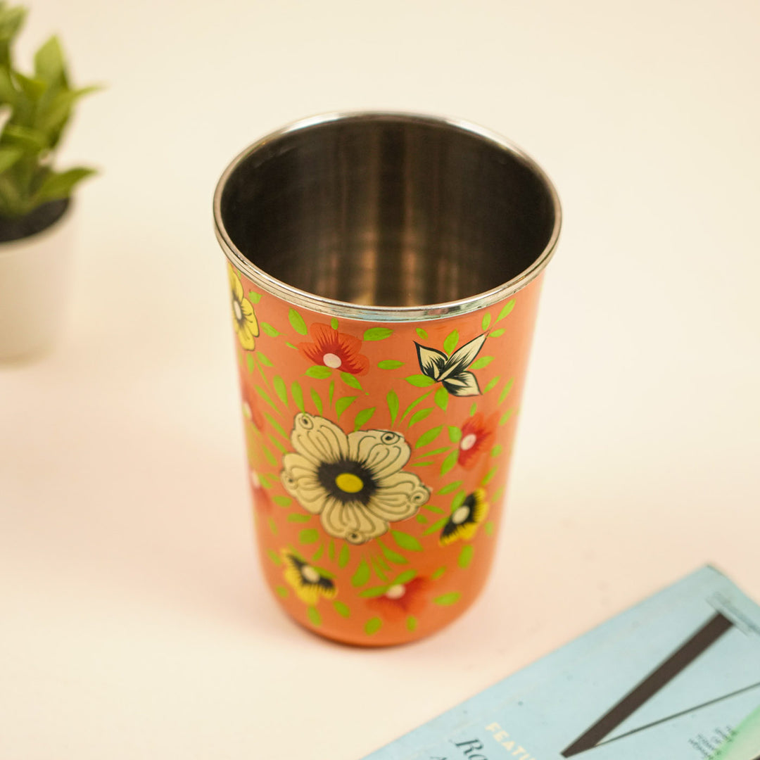 2Pc | Hand-Painted Orange & Blue Floral Kashmiri Art Stainless Steel Large Glasses