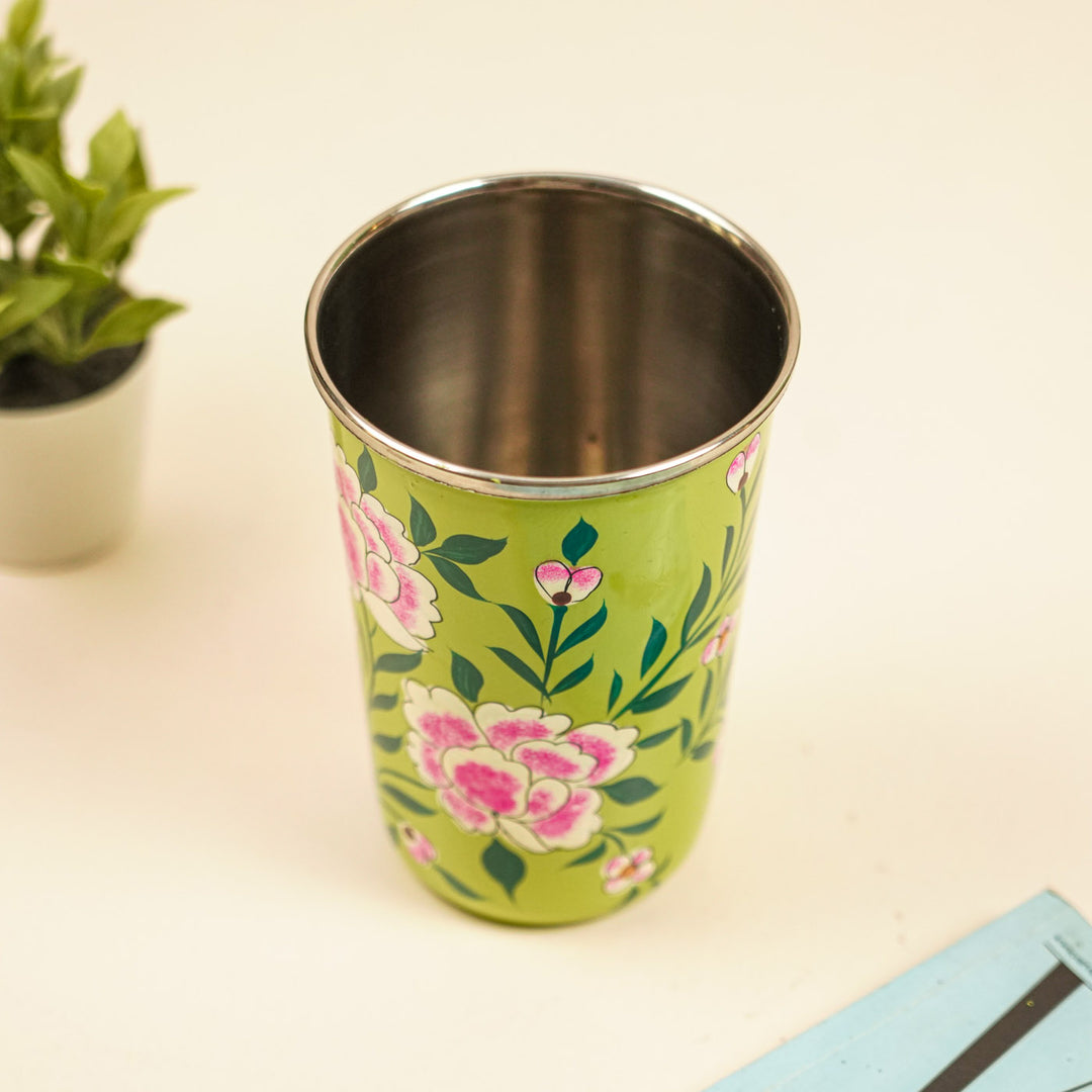 2Pc | Hand-Painted Red & Green Floral Kashmiri Art Stainless Steel Large Glasses