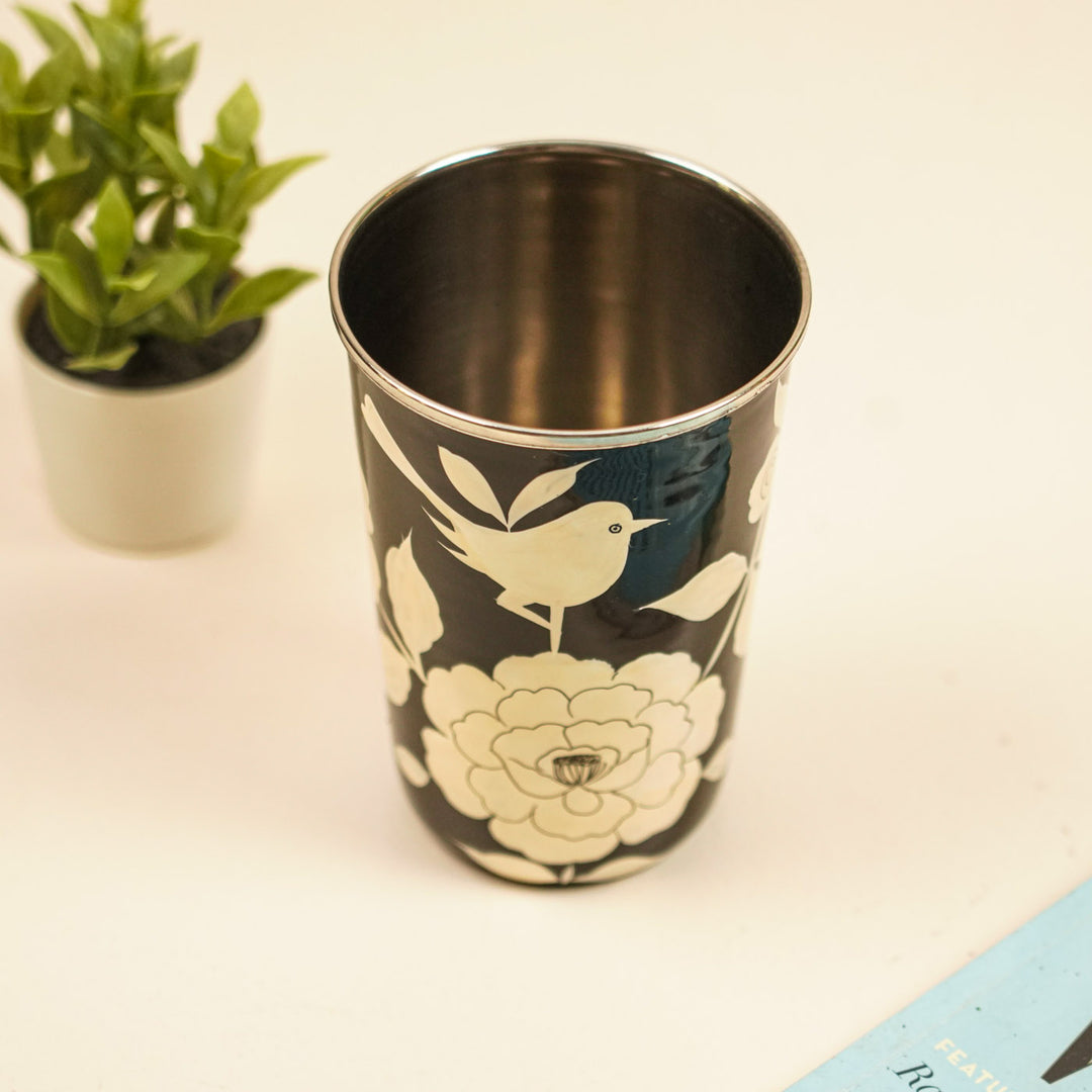 2Pc | Hand-Painted Red & Black Floral Kashmiri Art Stainless Steel Large Glasses