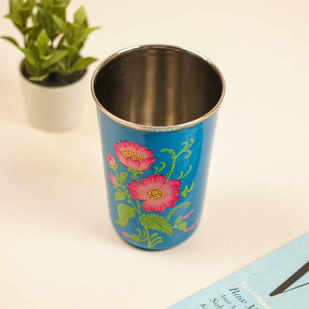 2Pc | Hand-Painted Orange & Blue Floral Kashmiri Art Stainless Steel Large Glasses