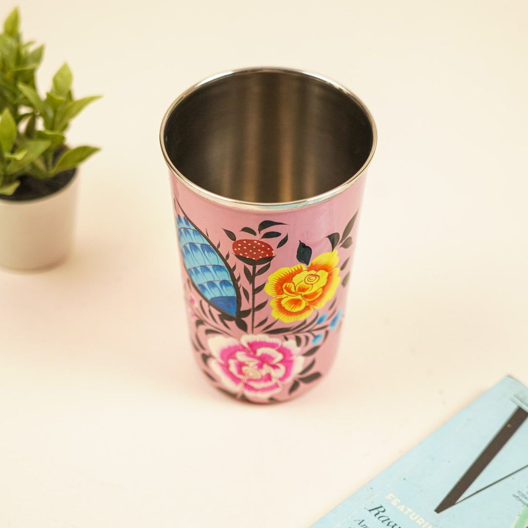 2Pc | Hand-Painted Pink Floral Kashmiri Art Stainless Steel Large Glasses