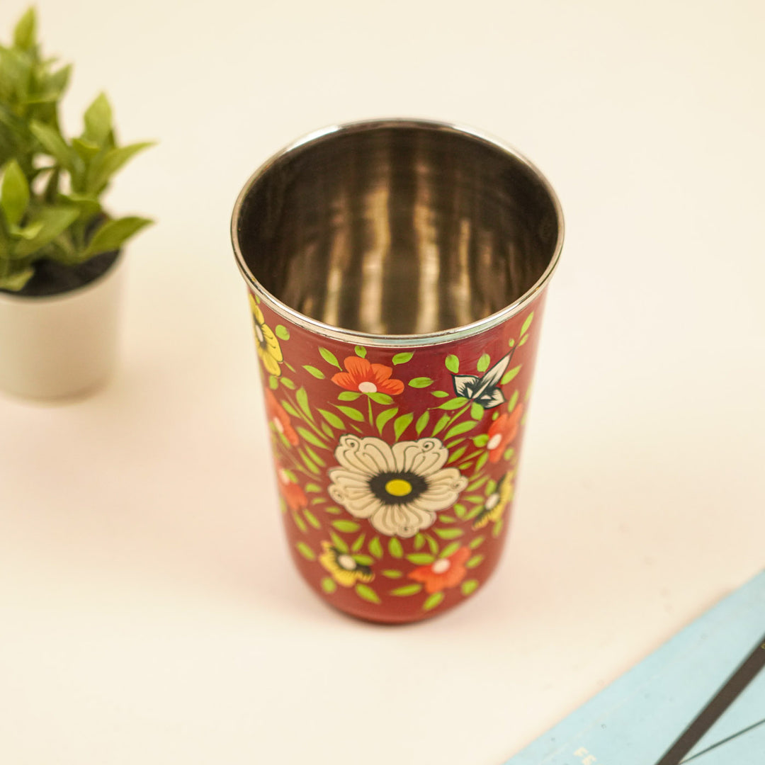2Pc | Hand-Painted Red & Green Floral Kashmiri Art Stainless Steel Large Glasses
