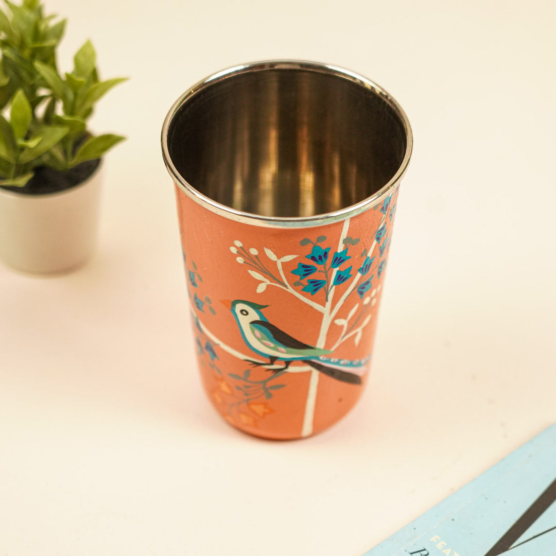 2Pc | Hand-Painted Orange Birds Kashmiri Art Stainless Steel Large Glasses