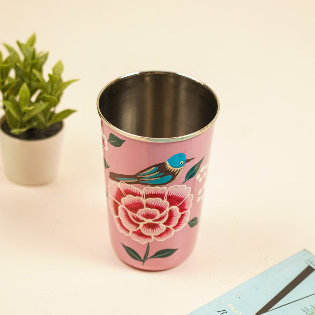 2Pc | Hand-Painted Pink Birds Kashmiri Art Stainless Steel Large Glasses