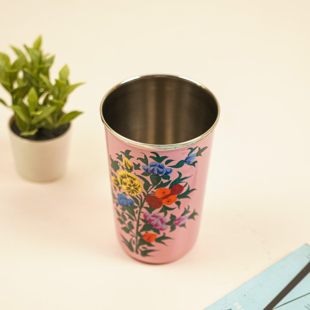 2Pc | Hand-Painted Pink Floral Kashmiri Art Stainless Steel Large Glasses