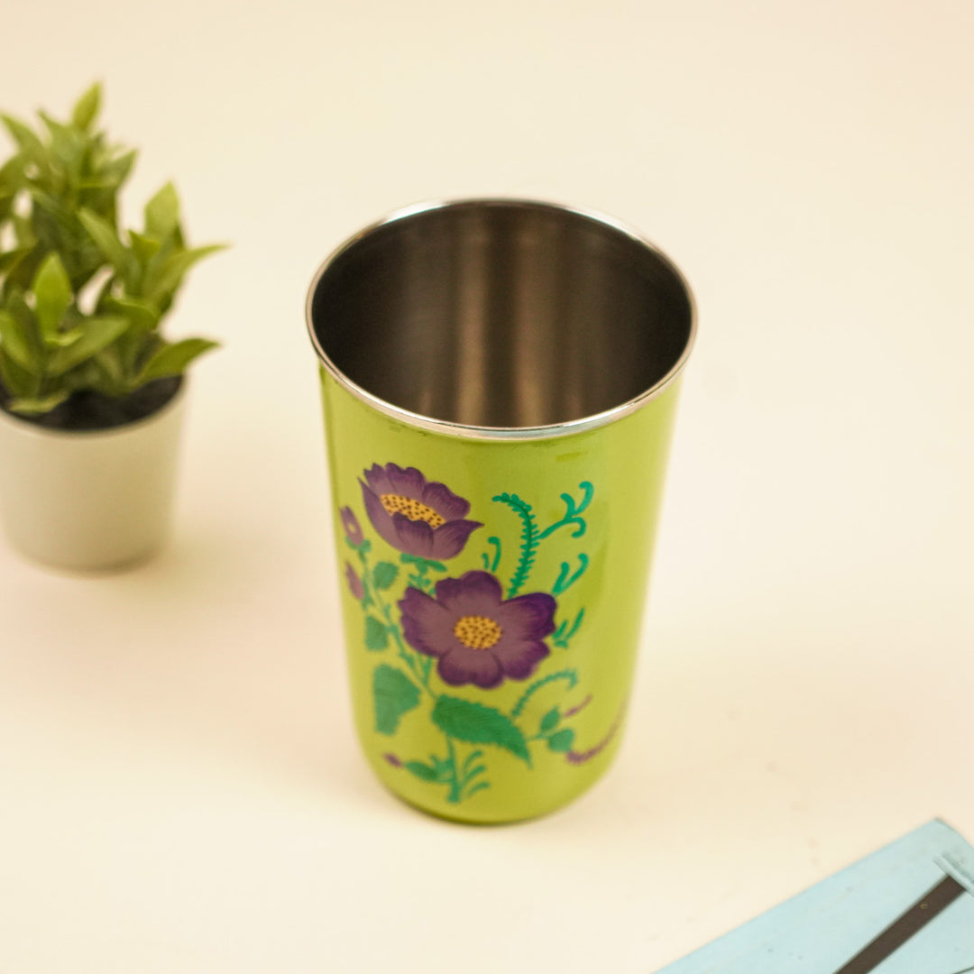 2Pc | Hand-Painted Floral Kashmiri Art Stainless Steel Large Glasses