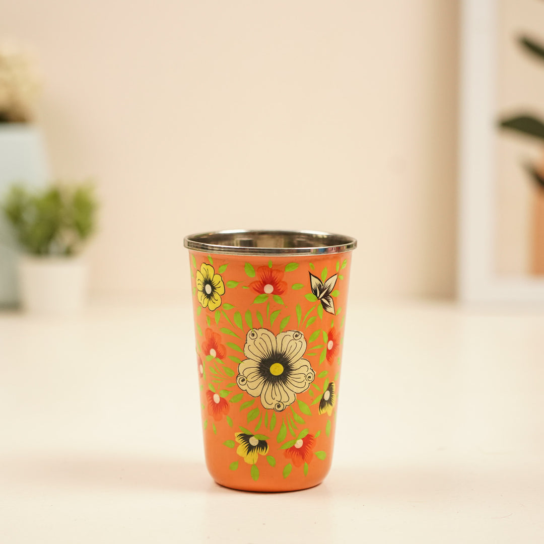 2Pc | Hand-Painted Orange & Blue Floral Kashmiri Art Stainless Steel Large Glasses