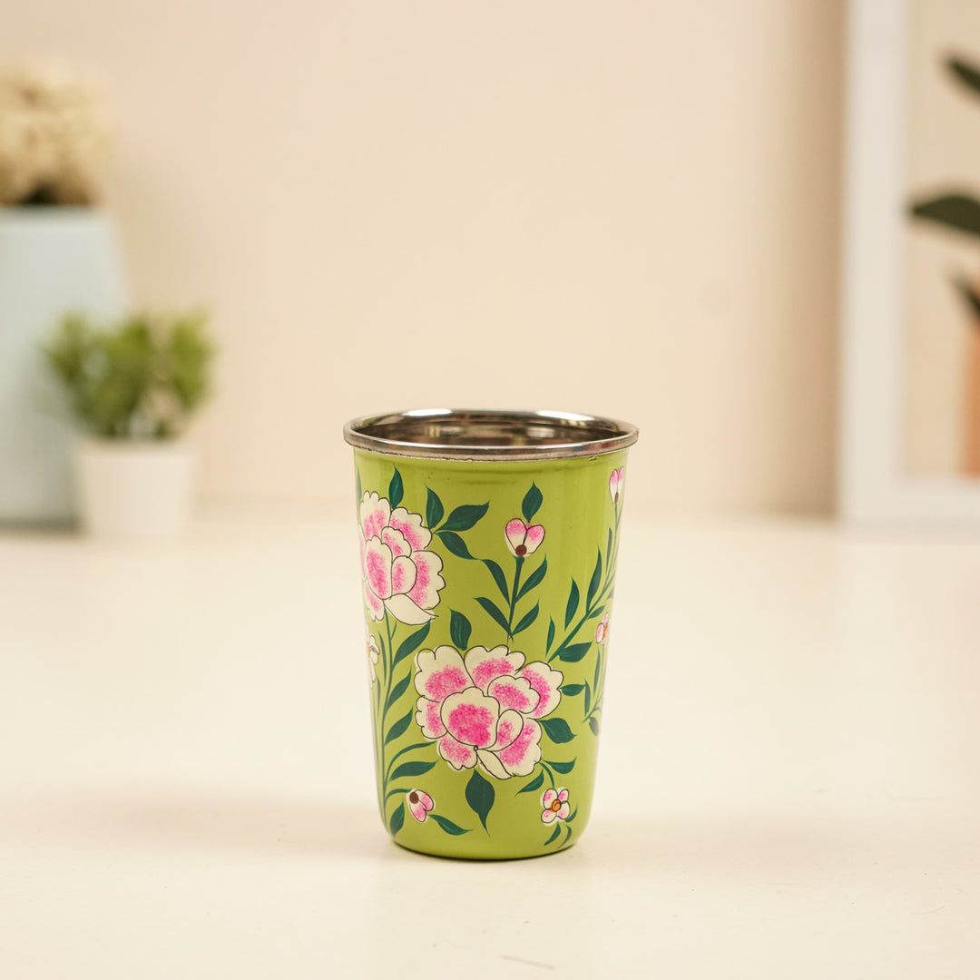 2Pc | Hand-Painted Red & Green Floral Kashmiri Art Stainless Steel Large Glasses