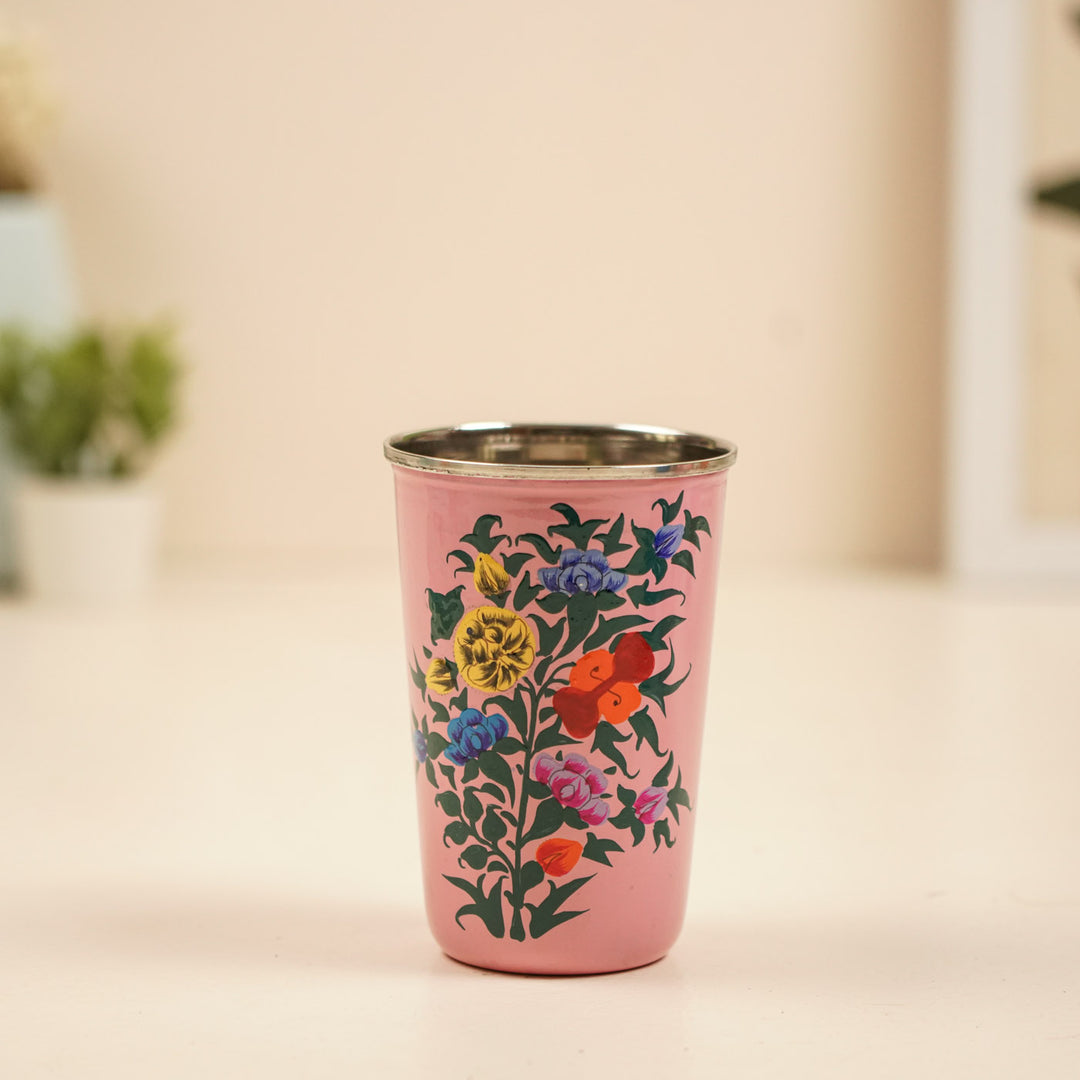 2Pc | Hand-Painted Pink Floral Kashmiri Art Stainless Steel Large Glasses