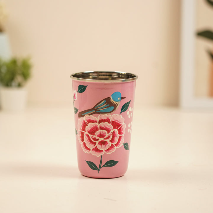 2Pc | Hand-Painted Pink Birds Kashmiri Art Stainless Steel Large Glasses