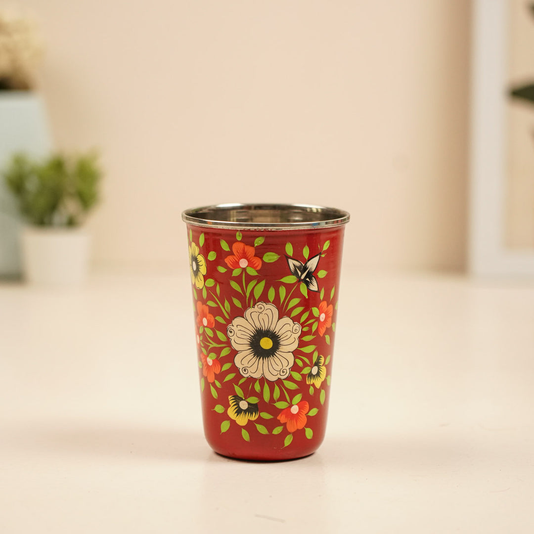 2Pc | Hand-Painted Red & Green Floral Kashmiri Art Stainless Steel Large Glasses
