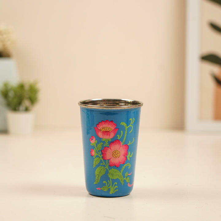 2Pc | Hand-Painted Orange & Blue Floral Kashmiri Art Stainless Steel Large Glasses
