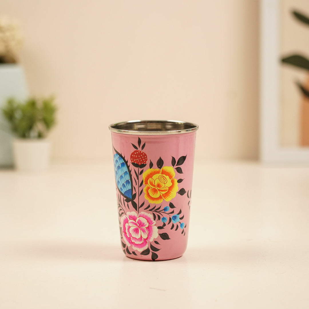 2Pc | Hand-Painted Pink Floral Kashmiri Art Stainless Steel Large Glasses