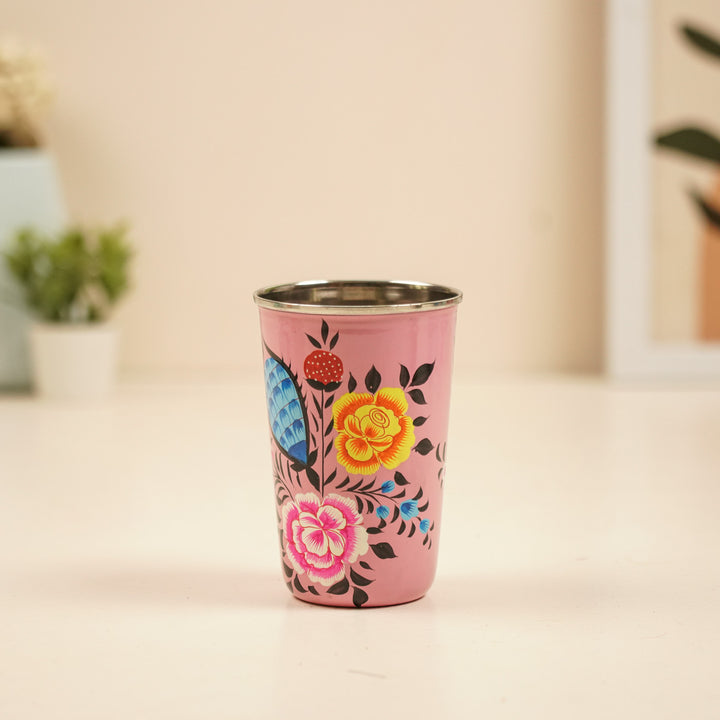 2Pc | Hand-Painted Pink Floral Kashmiri Art Stainless Steel Large Glasses