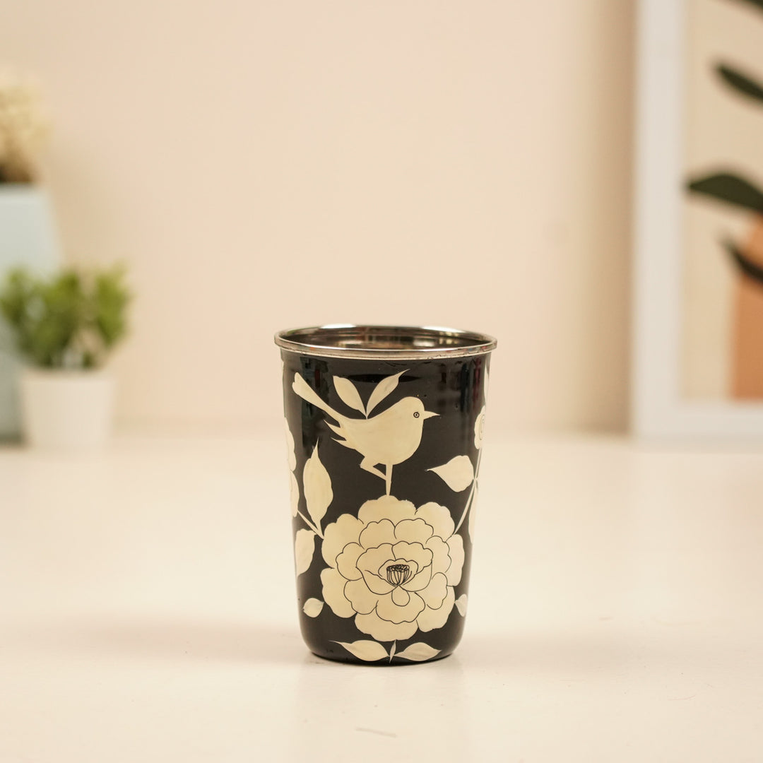 2Pc | Hand-Painted Red & Black Floral Kashmiri Art Stainless Steel Large Glasses