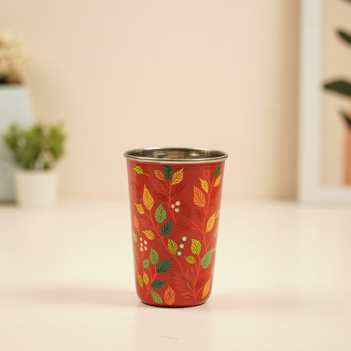 2Pc | Hand-Painted Red & Black Floral Kashmiri Art Stainless Steel Large Glasses