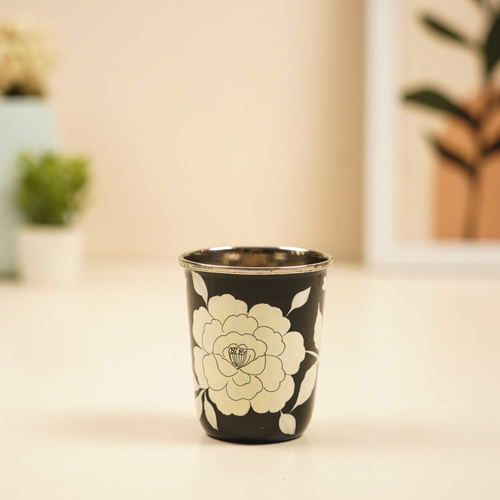 2Pc | Hand-Painted Black Birds & Flowers Kashmiri Art Stainless Steel Medium Glasses