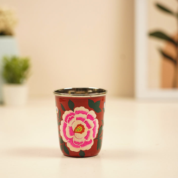 2Pc | Hand-Painted Red & Green Floral Kashmiri Art Stainless Steel Medium Glasses