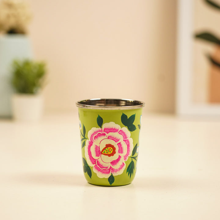 2Pc | Hand-Painted Red & Green Floral Kashmiri Art Stainless Steel Medium Glasses