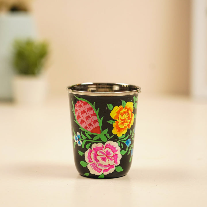 2Pc | Hand-Painted Black Floral Kashmiri Art Stainless Steel Medium Glasses