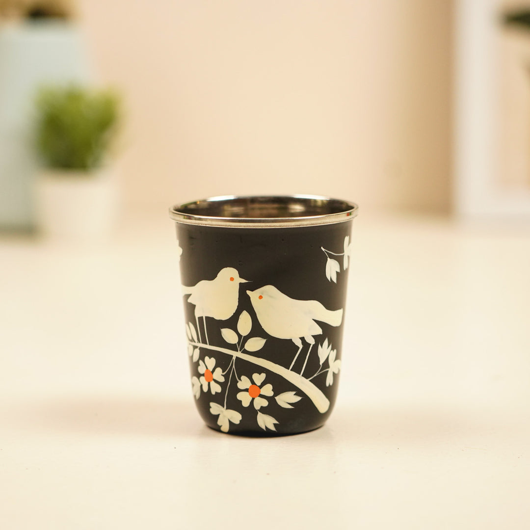 2Pc | Hand-Painted Black Birds & Flowers Kashmiri Art Stainless Steel Medium Glasses