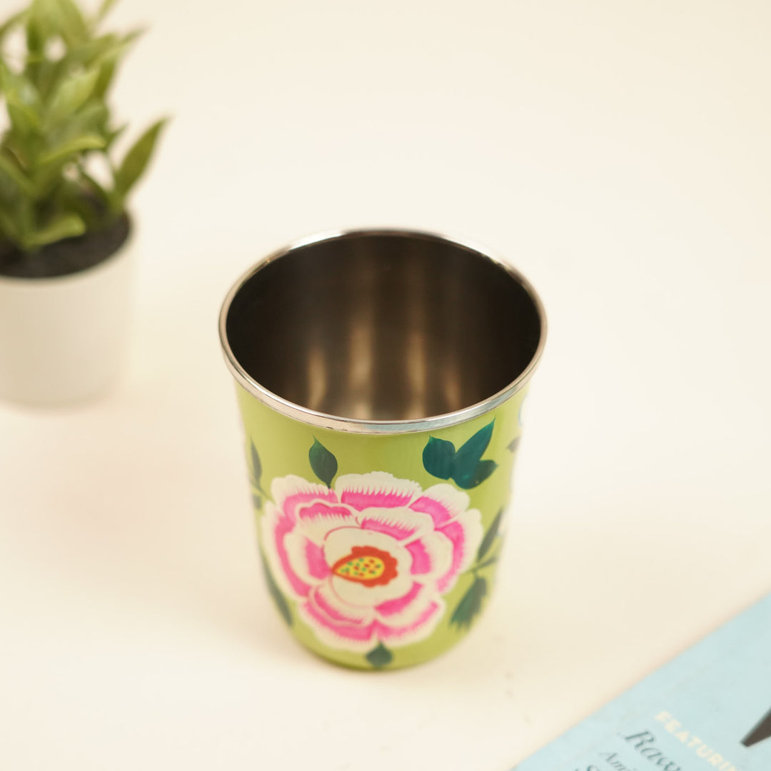 2Pc | Hand-Painted Red & Green Floral Kashmiri Art Stainless Steel Medium Glasses