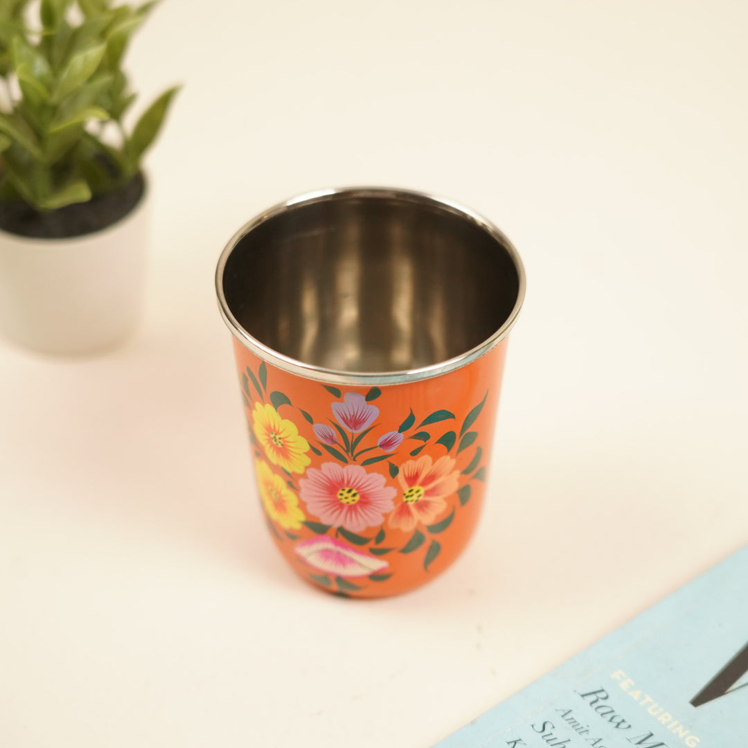 2Pc | Hand-Painted Floral Kashmiri Art Stainless Steel Medium Glasses