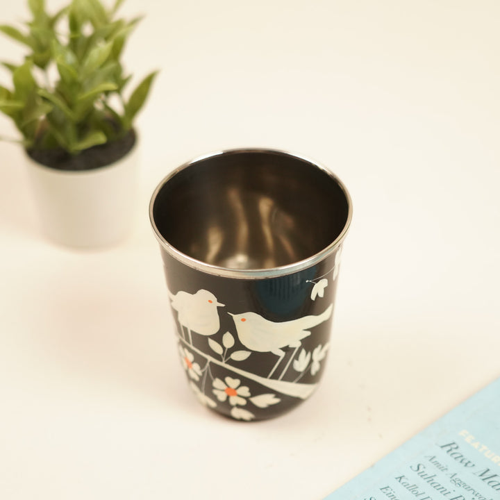 2Pc | Hand-Painted Black Birds & Flowers Kashmiri Art Stainless Steel Medium Glasses