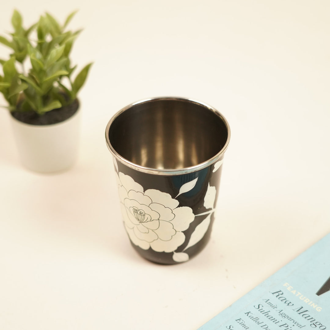 2Pc | Hand-Painted Black Birds & Flowers Kashmiri Art Stainless Steel Medium Glasses