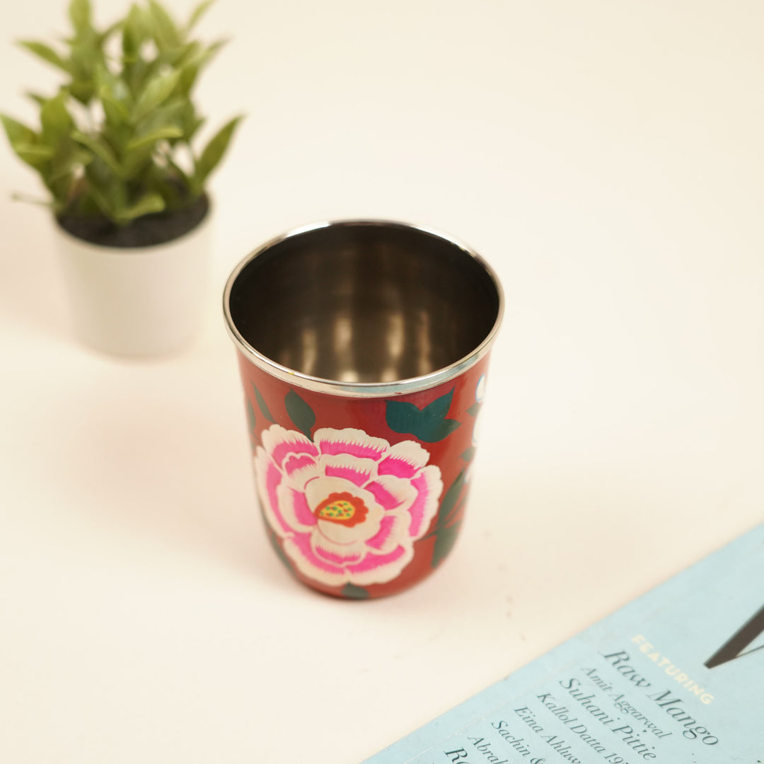 2Pc | Hand-Painted Red & Green Floral Kashmiri Art Stainless Steel Medium Glasses