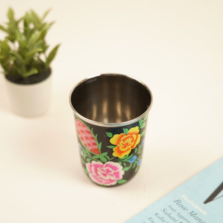 2Pc | Hand-Painted Black Floral Kashmiri Art Stainless Steel Medium Glasses