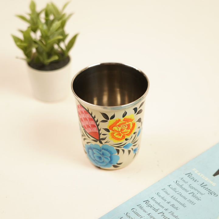 2Pc | Hand-Painted Floral Kashmiri Art Stainless Steel Medium Glasses
