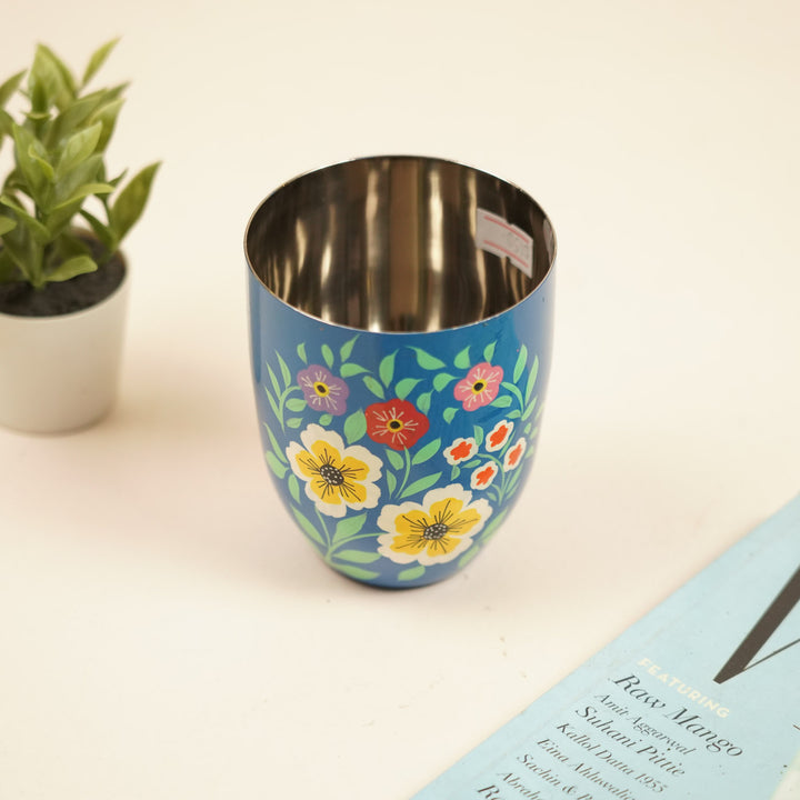 2Pc | Hand-Painted Black & Blue Floral Kashmiri Art Stainless Steel Large Round Glasses